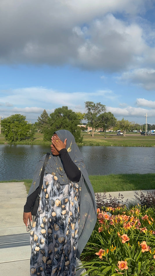 Steel Blue Floral Bati Dress Set with Matching Chiffon Hijab