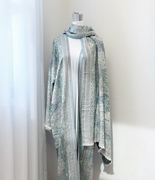 Women's Light Blue Pashmina Abaya Set with Matching Scarf – Sparkle Embellished Modest Open Front Islamic Dress