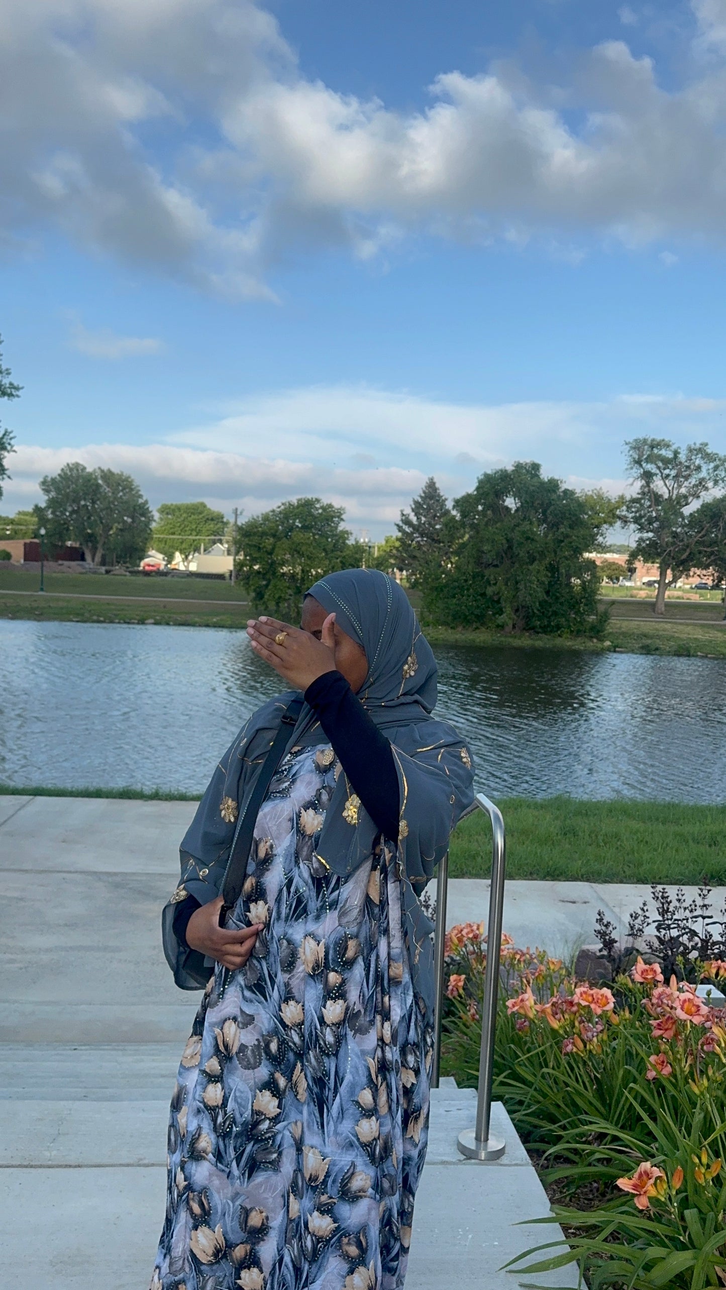 Steel Blue Floral Bati Dress Set with Matching Chiffon Hijab
