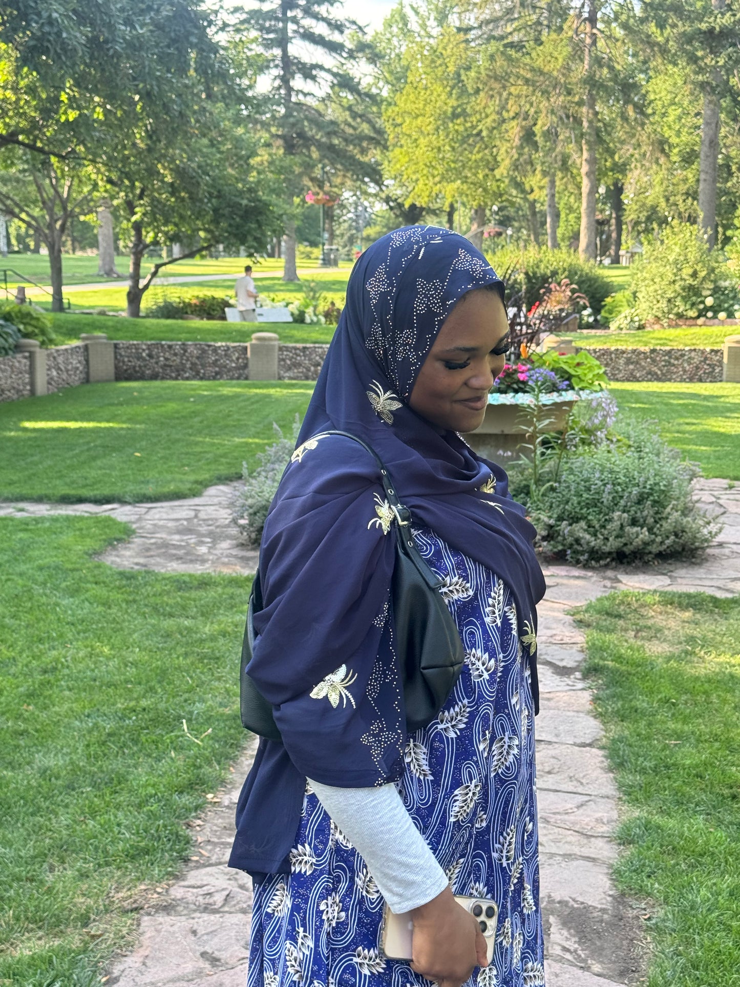 Navy Blue Floral Bati Dress Set with Matching Chiffon Hijab