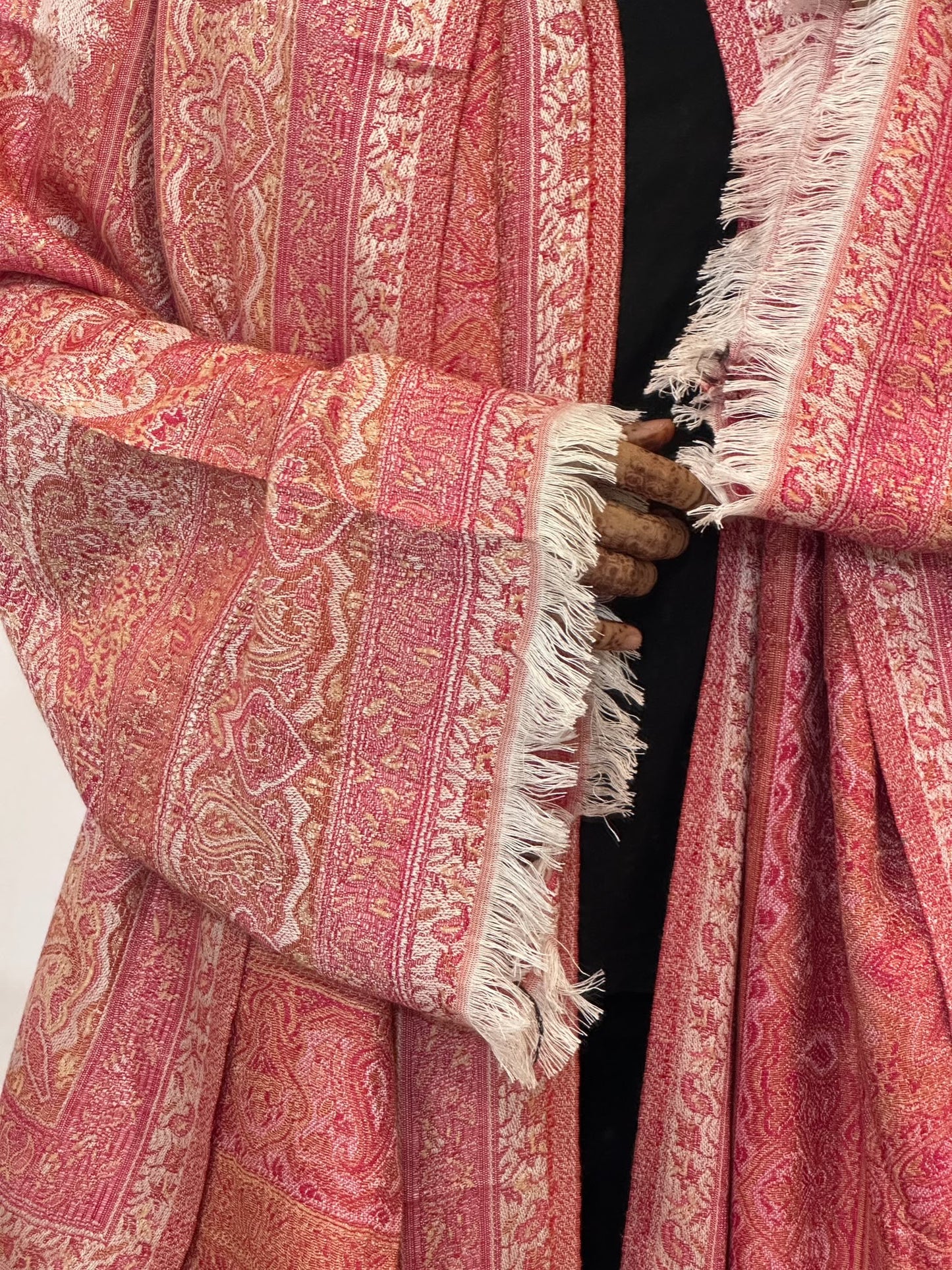 Women's Coral Pashmina Abaya Set with Matching Scarf – Sparkle Embellished Modest Open Front Islamic Dress with Fringe Details
