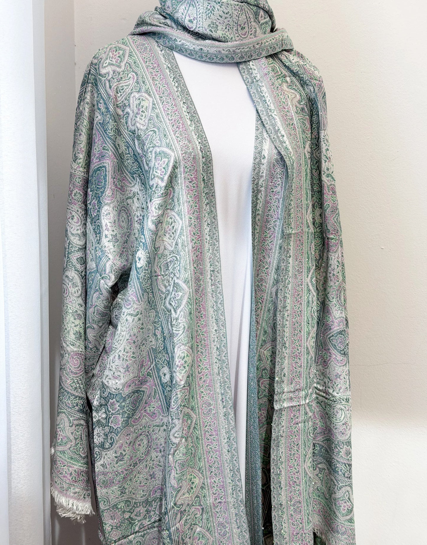 Women's Light Blue Pashmina Abaya Set with Matching Scarf – Sparkle Embellished Modest Open Front Islamic Dress