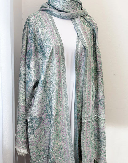 Women's Light Blue Pashmina Abaya Set with Matching Scarf – Sparkle Embellished Modest Open Front Islamic Dress