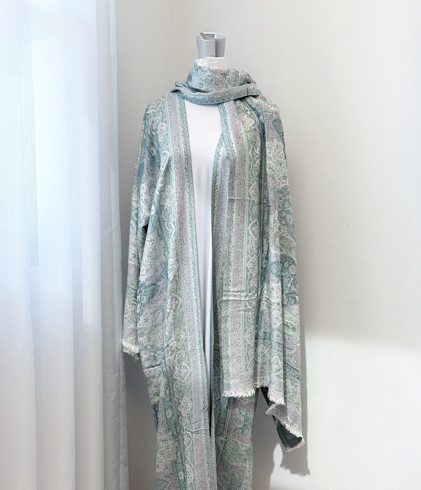Women's Light Blue Pashmina Abaya Set with Matching Scarf – Sparkle Embellished Modest Open Front Islamic Dress