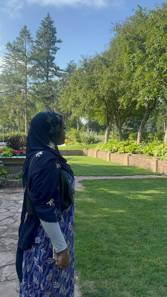 Navy Blue Floral Bati Dress Set with Matching Chiffon Hijab