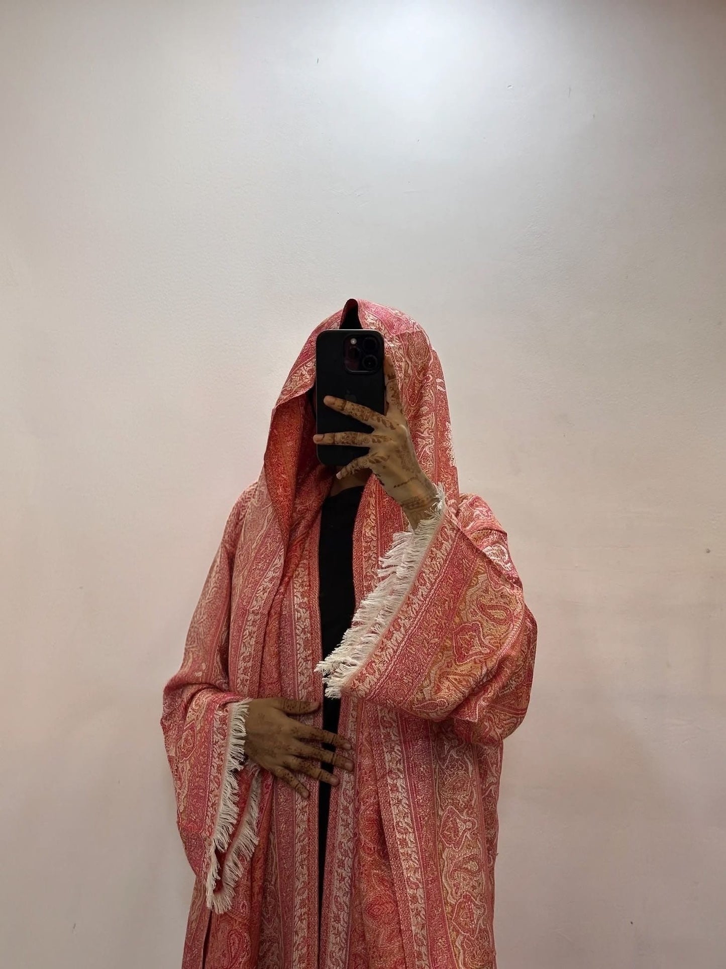 Women's Coral Pashmina Abaya Set with Matching Scarf – Sparkle Embellished Modest Open Front Islamic Dress with Fringe Details