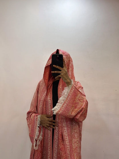 Women's Coral Pashmina Abaya Set with Matching Scarf – Sparkle Embellished Modest Open Front Islamic Dress with Fringe Details