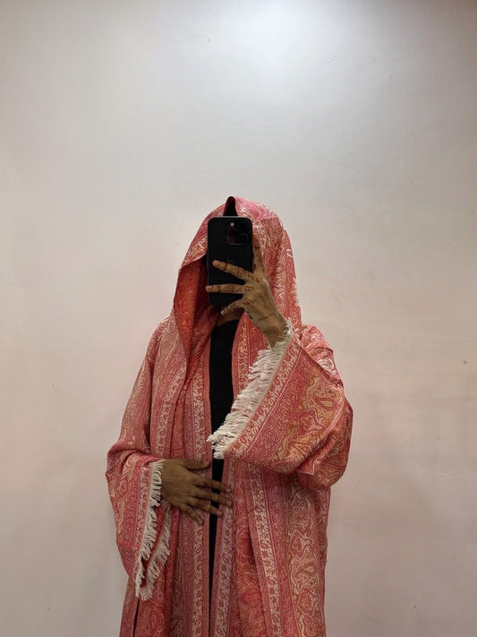 Women's Coral Pashmina Abaya Set with Matching Scarf – Sparkle Embellished Modest Open Front Islamic Dress with Fringe Details