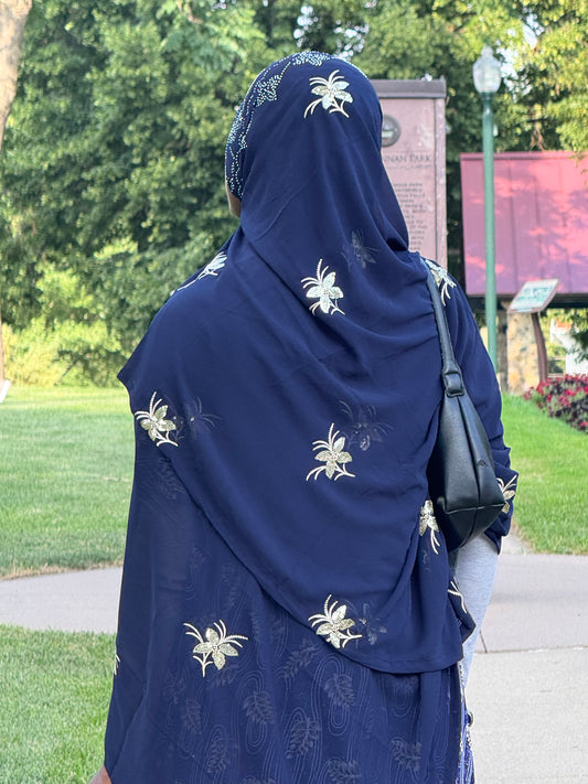 Navy Blue Floral Bati Dress Set with Matching Chiffon Hijab