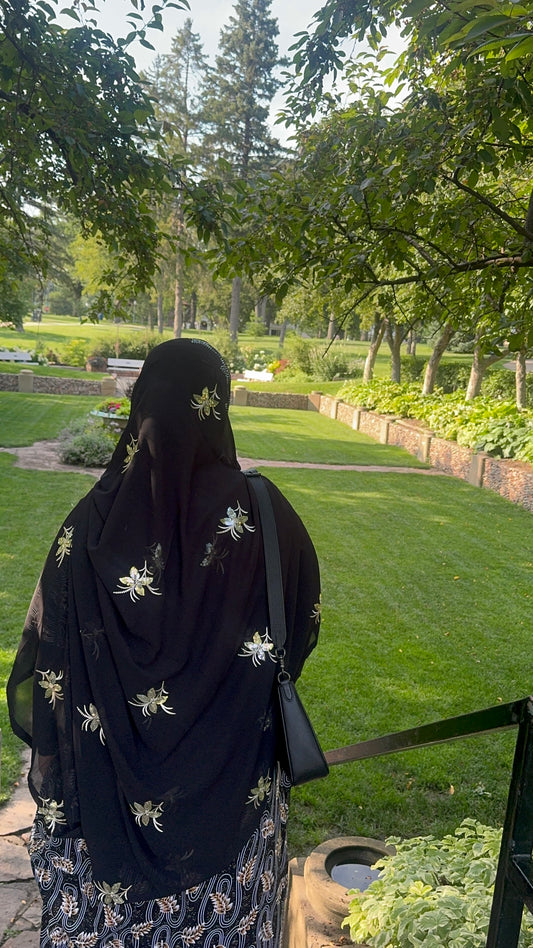 Black Floral Bati Dress Set with Matching Chiffon Hijab