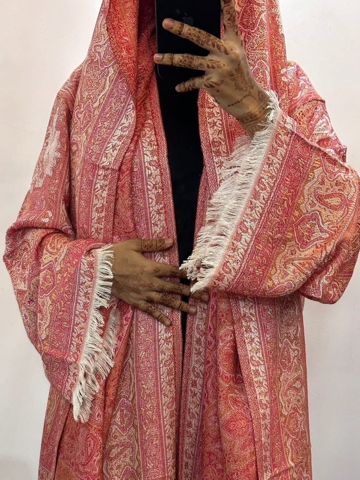 Women's Coral Pashmina Abaya Set with Matching Scarf – Sparkle Embellished Modest Open Front Islamic Dress with Fringe Details
