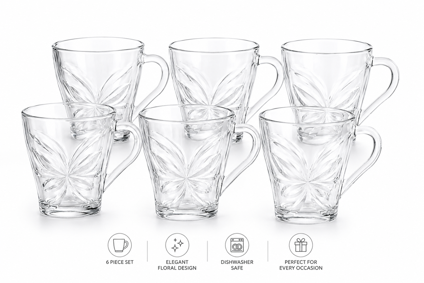 6-Piece Clear Glass Coffee & Tea Mug Set with Handle