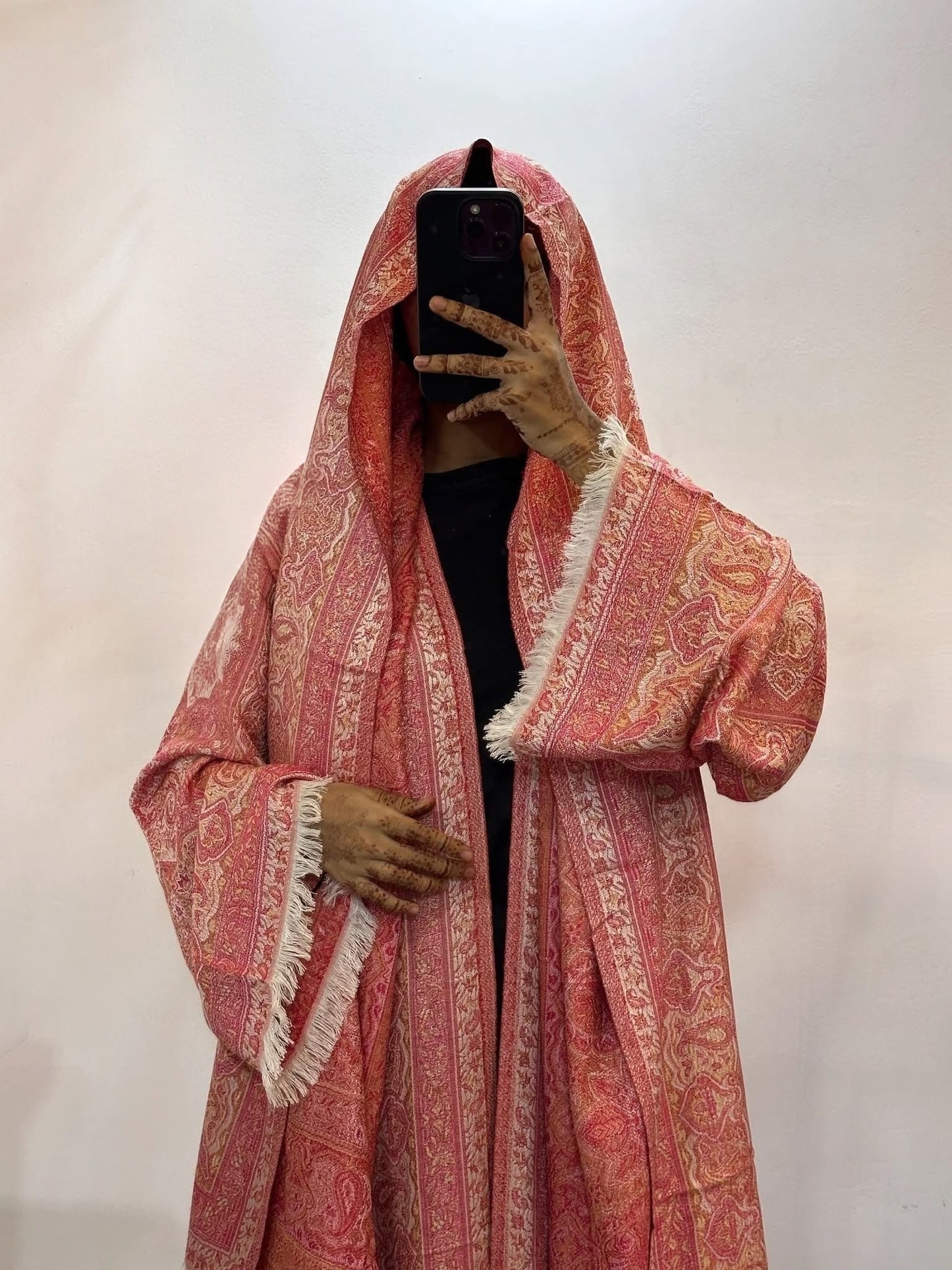 Women's Coral Pashmina Abaya Set with Matching Scarf – Sparkle Embellished Modest Open Front Islamic Dress with Fringe Details